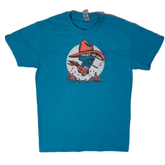 Trust No One Western Skeleton Smoking Cowboy Turquoise Blue Tshirt - Small - Picture 1 of 4